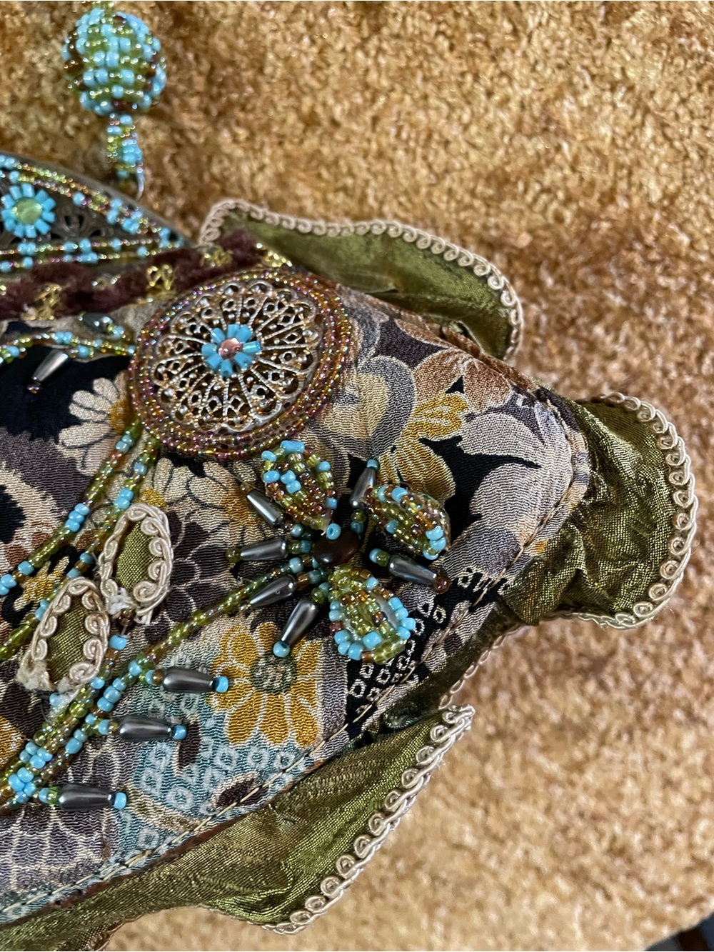 Mary Frances Olive Green and Turquoise Beaded Floral Evening Clutch excellent - Picture 3 of 9